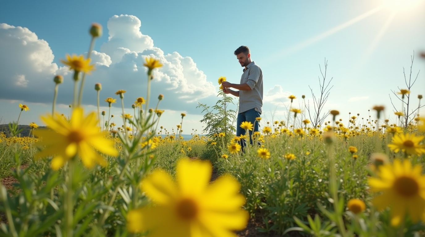 Homme dans un champ de tribulus illustrant la production naturelle de testostérone