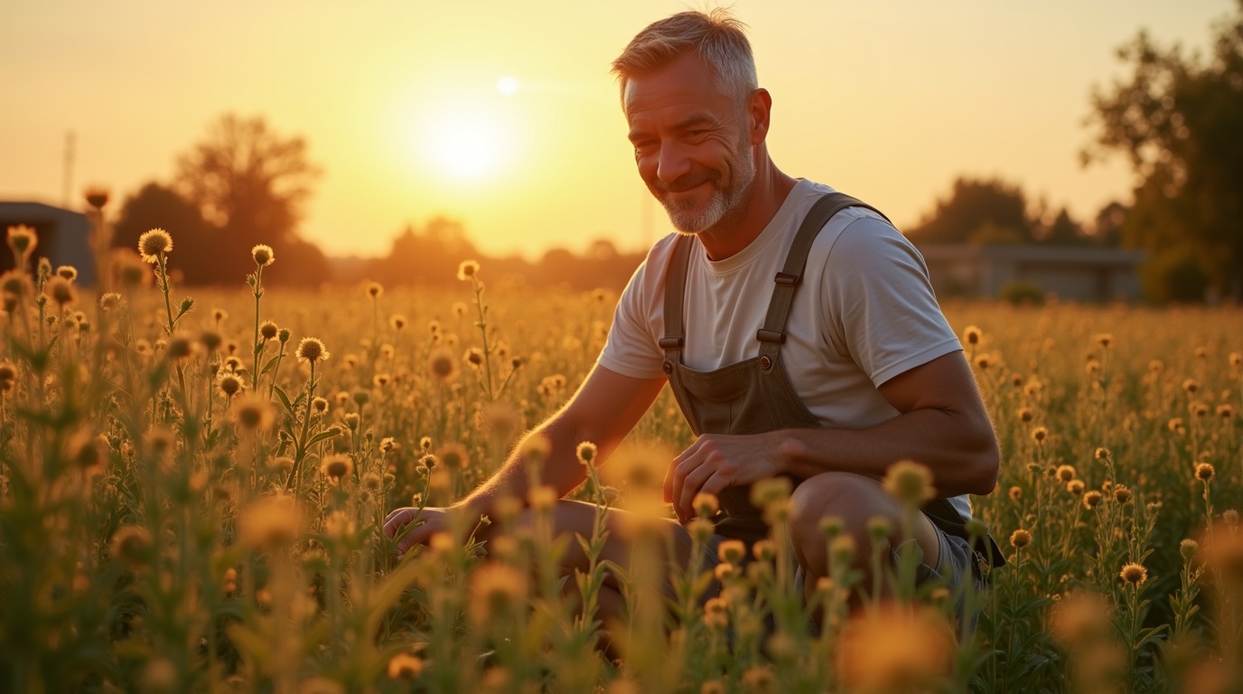 Homme jardinant avec des plants de tribulus, illustrant la santé hormonale masculine.