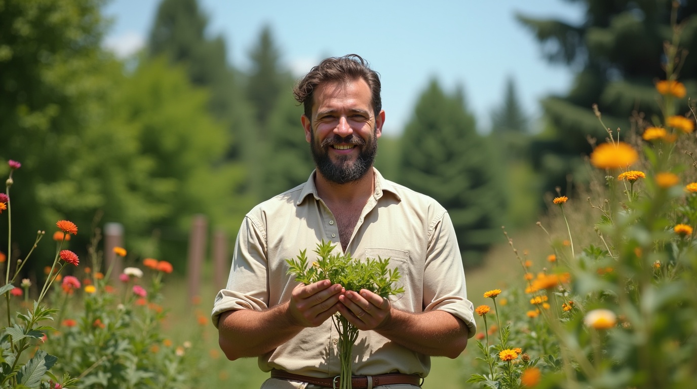 Homme d'âge moyen souriant dans un jardin, tenant du tribulus, symbolisant la vitalité masculine.