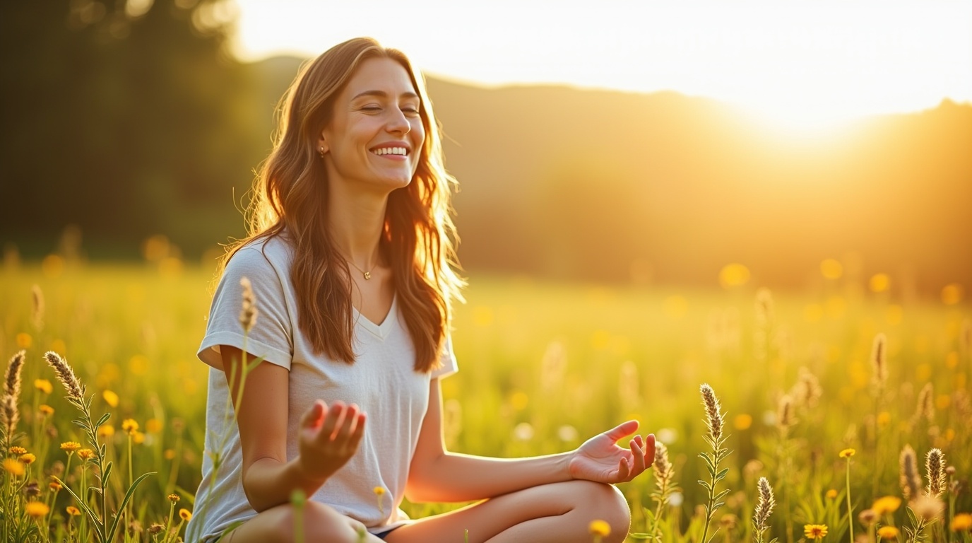Femme méditant sous le soleil avec flacons de vitamine D et plantes pour l'équilibre hormonal