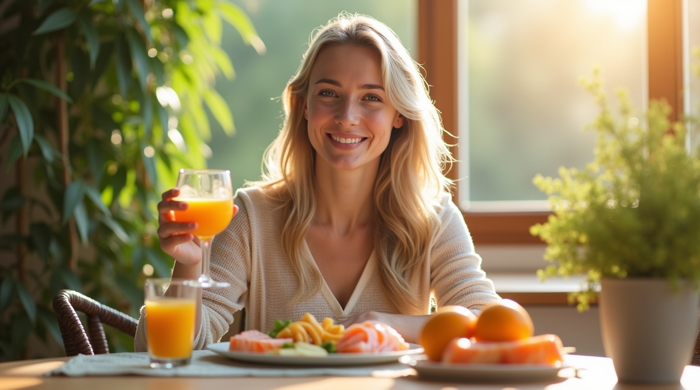 Femme savourant un petit déjeuner équilibré riche en vitamine D, symbole de l'équilibre hormonal féminin.