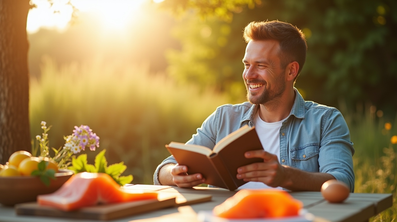 Homme profitant du soleil avec des aliments riches en vitamine D, soulignant la fertilité masculine.