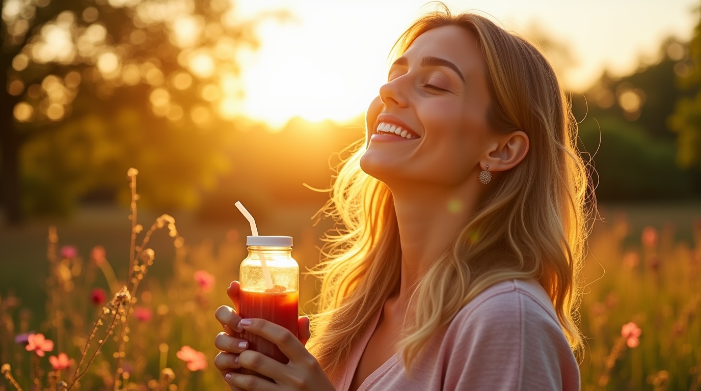 Femme prenant de la vitamine D en pleine nature symbolisant santé et bien-être