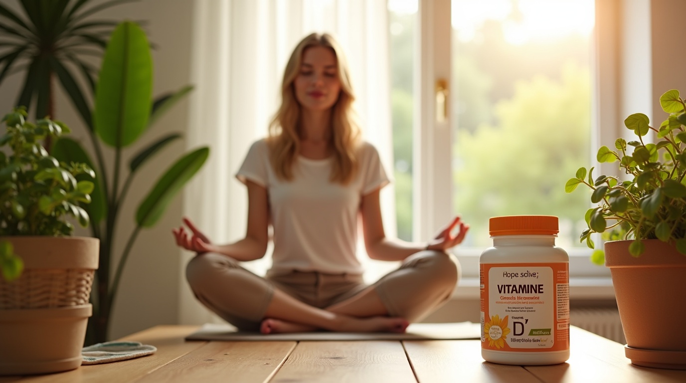 Une femme méditant avec des compléments de vitamine D pour l'équilibre hormonal.