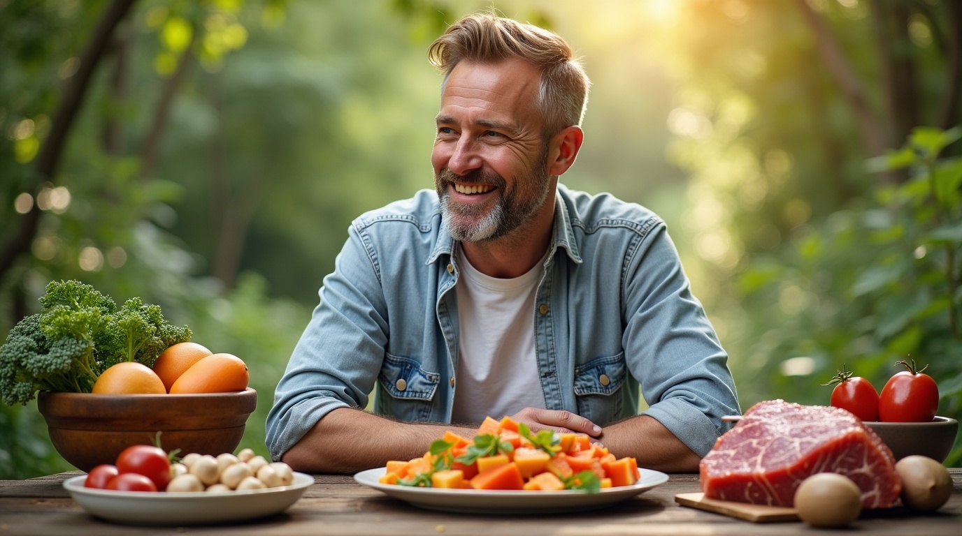 Illustration d'un homme entouré d'aliments riches en zinc pour la fertilité masculine.