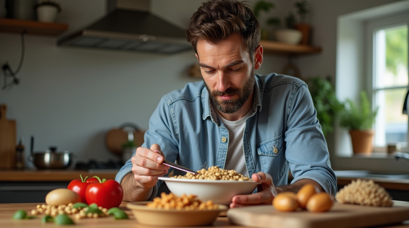 Homme vérifiant des aliments riches en zinc dans une cuisine moderne pour la santé hormonale masculine